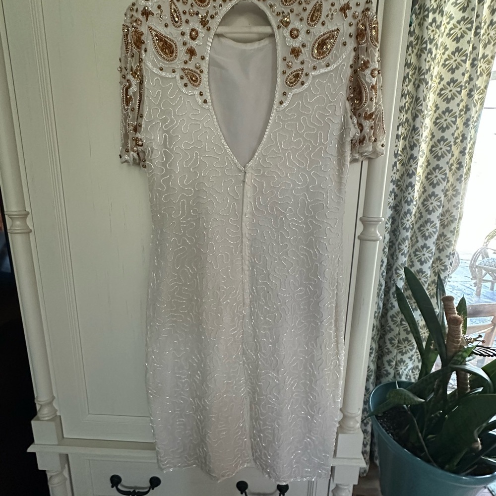 Vintage Lawrence Kazar Silk Beaded Sequined White And Gold Evening Dress Size L - Picture 4 of 7